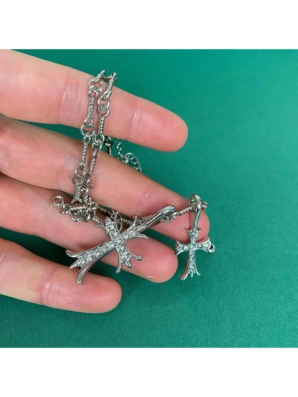 Double Cross Silver Necklace. Rhinestone Cross. 19.5 inches length. Is